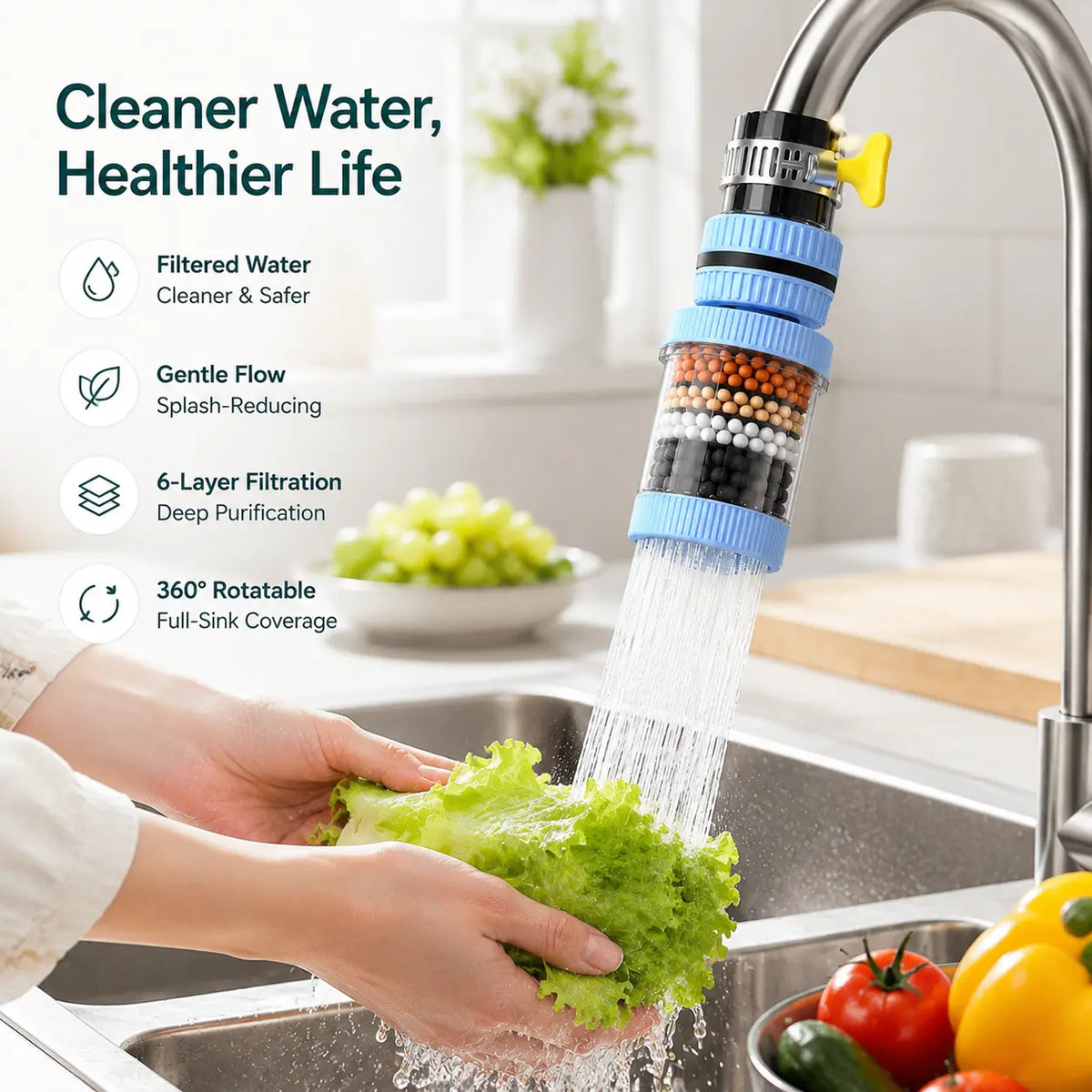 Splash-Free 6 Layer 360° Rotating Faucet Water Filter