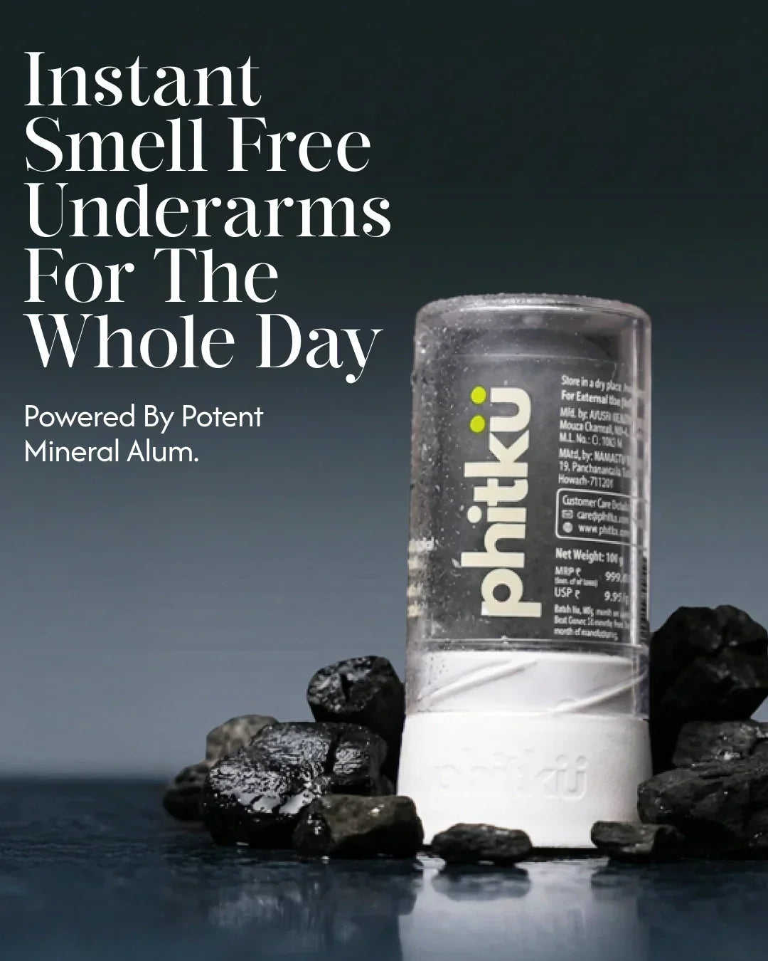 Phitku Alum Infused Crystal Roll-On Stick - Charcoal (Last 24 Hours)
