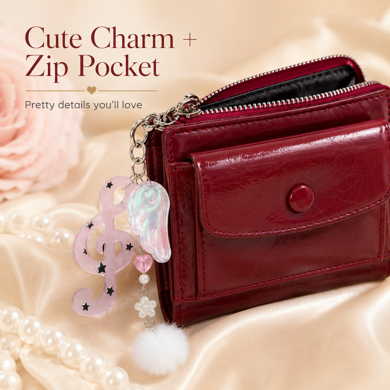 RubyCharm Mini Burgundy Leather Wallet for Girls