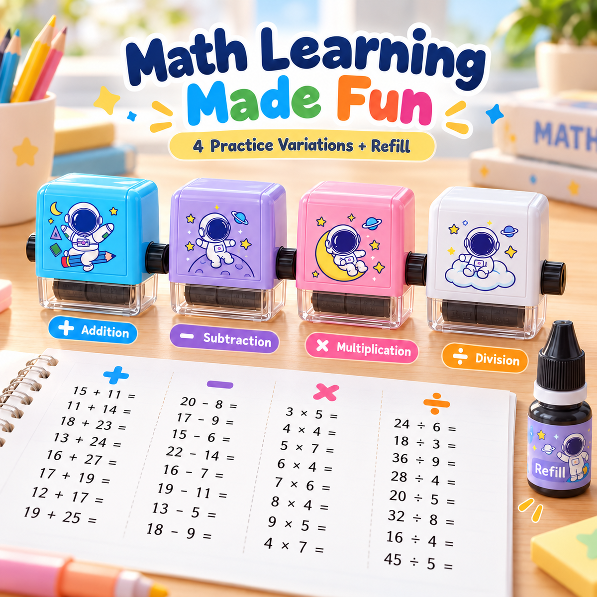Fun & Learn Math Roller Stamp for Kids - Make Math Practice Fun, Fast & Exciting! 🌈📚