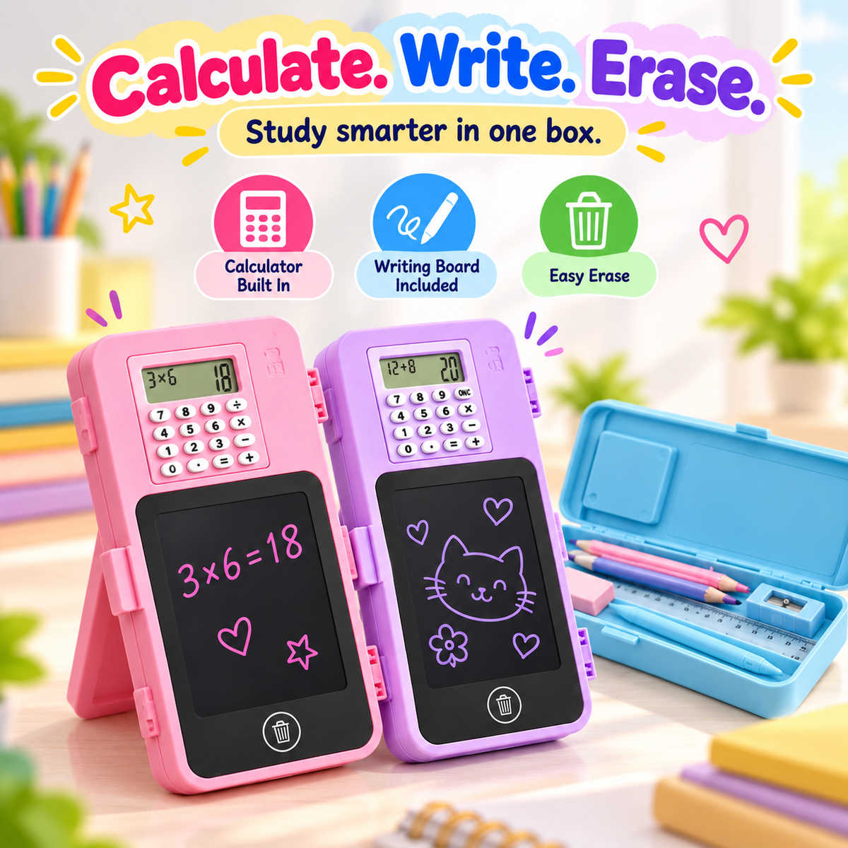 3-in-1 Smart  Geometry Box with Calculator + LED Writing Board