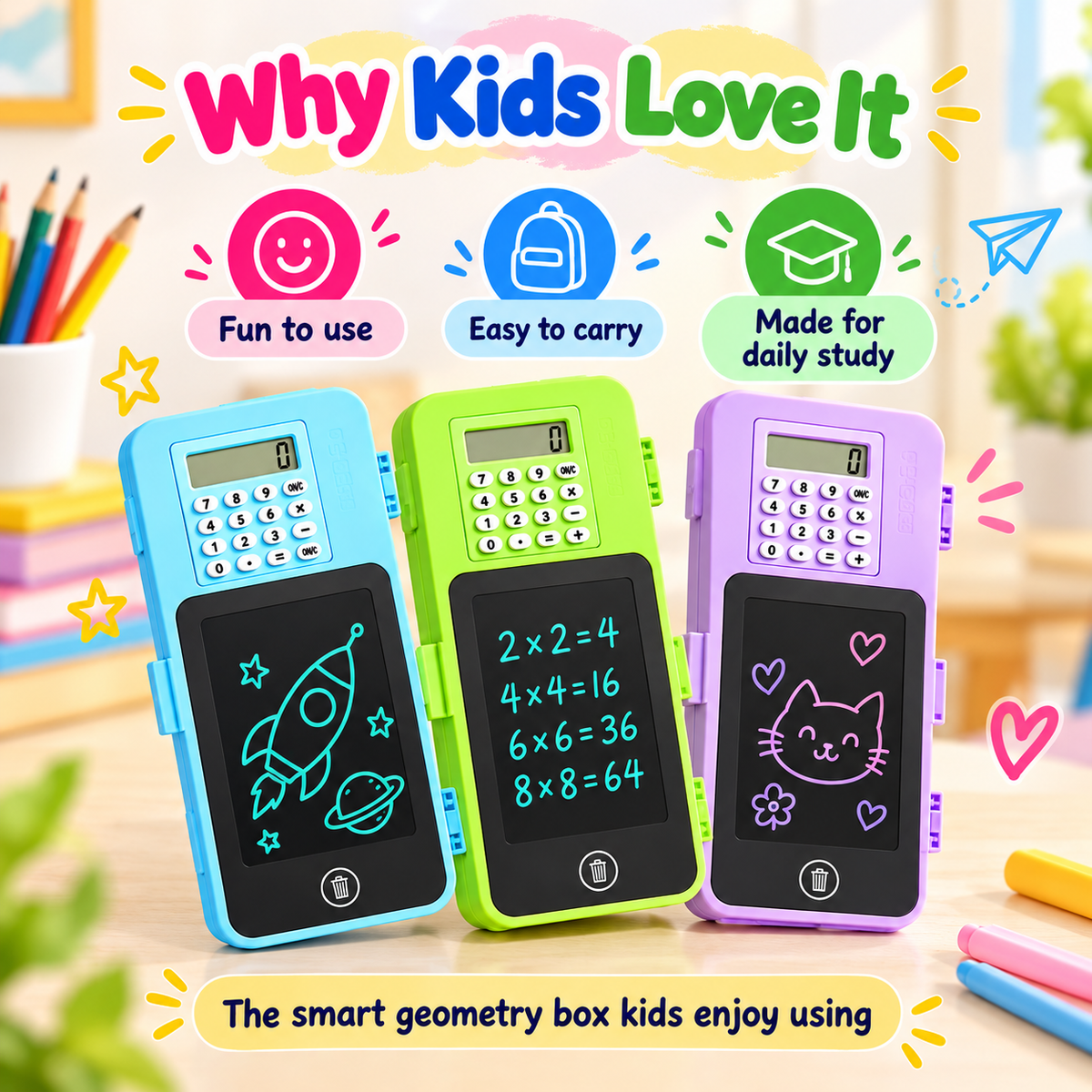 3-in-1 Smart  Geometry Box with Calculator + LED Writing Board