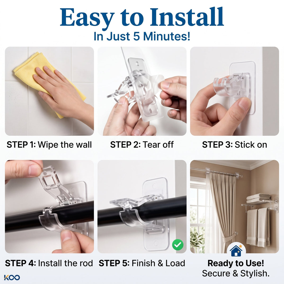 Self-Adhesive Curtain Rod Holder Clamps