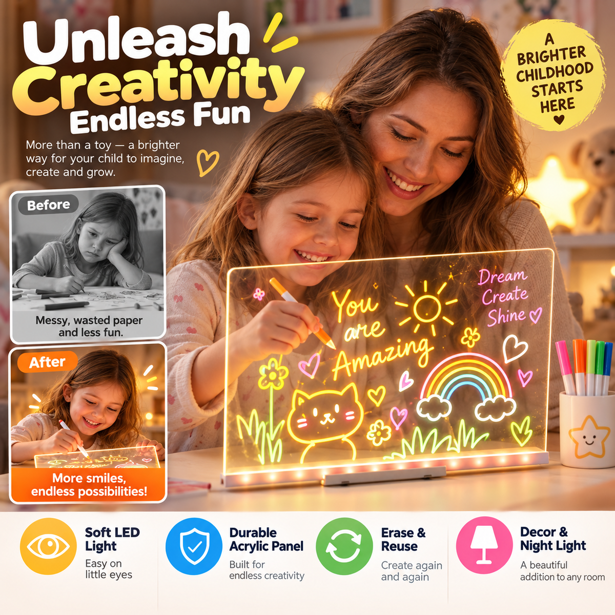 🎨 LED DIY Drawing Board for Kids – Reuseable Acrylic Art Board ✨